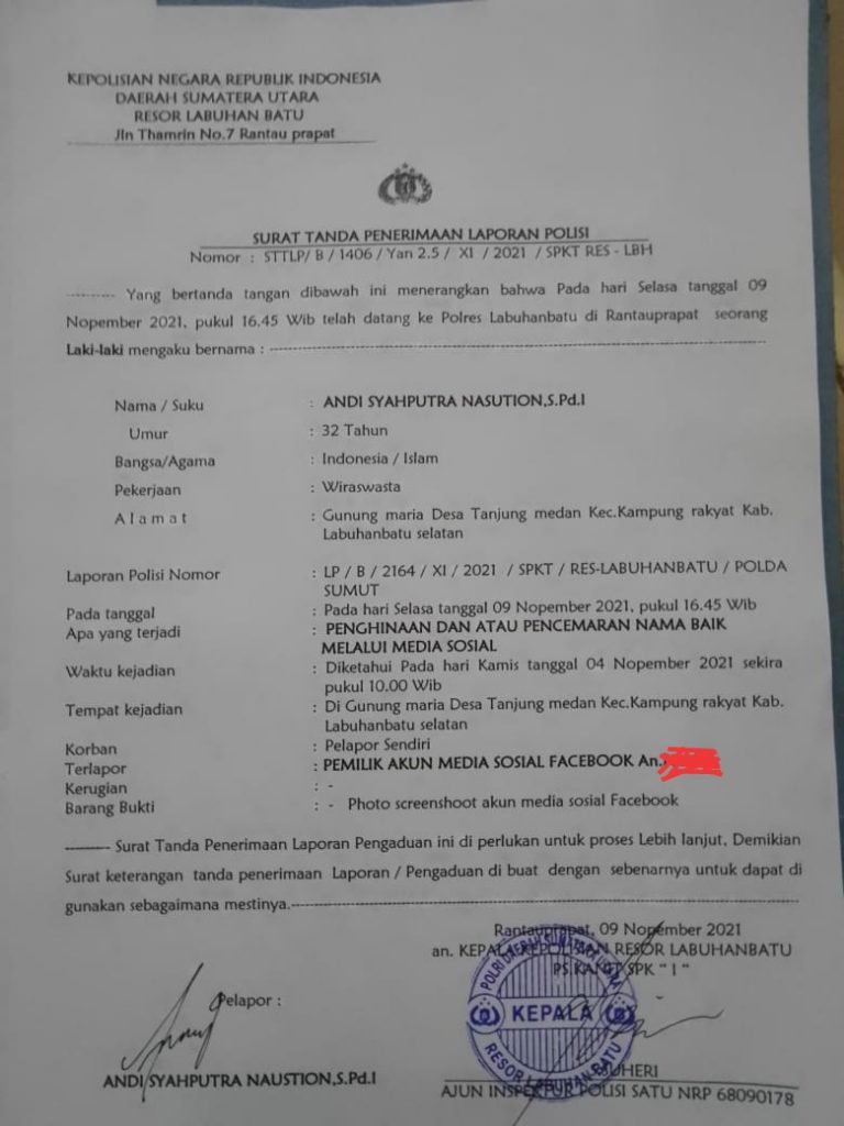 Anak Bupati Labusel Pemilik Akun FB @Nia Lim Dilaporkan ke Polisi Kasus Pencemaran Nama Baik