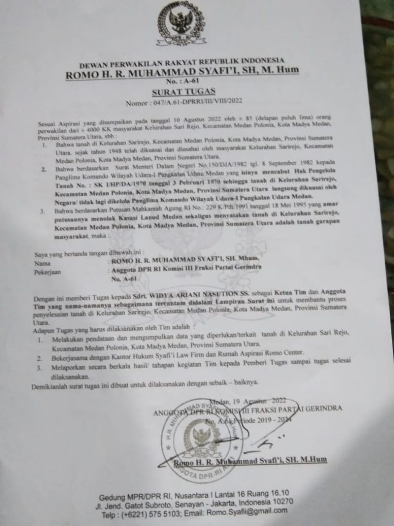 Masyarakat Sari Rejo Resah, Beredar Surat Tugas Anggota DPR RI Romo M Syafi’i Bentuk Tim Pendataan Tanah, Jangan-jangan…??