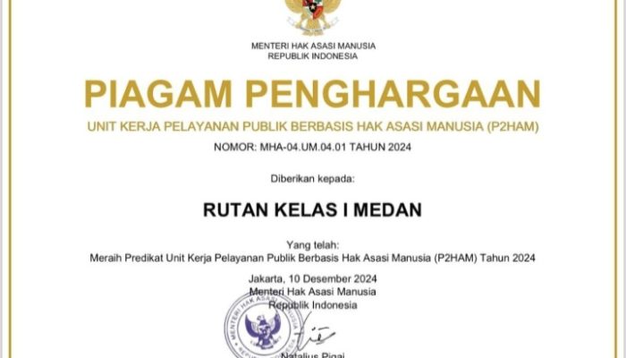Rutan Kelas I Medan Raih Predikat Unit Kerja Berbasis P2HAM Tahun 2024