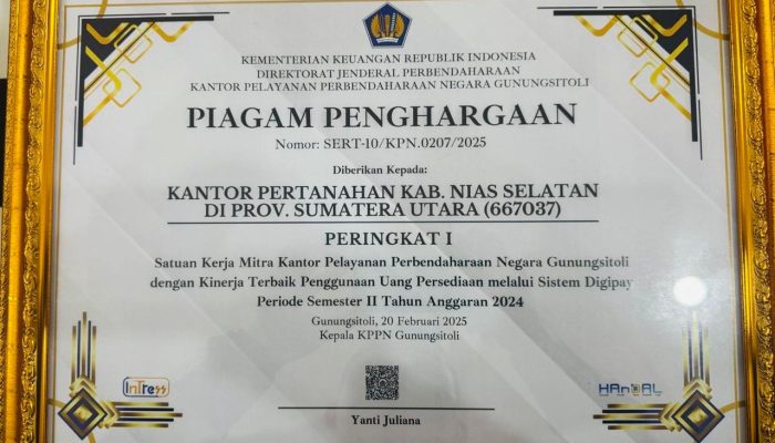 Kantor Pertanahan Nias Selatan Raih Penghargaan Kinerja Terbaik dalam Penggunaan Digipay