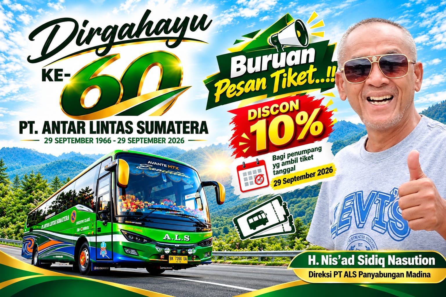 HUT Ke-60, PT ALS Berikan Diskon 10 Persen bagi Penumpang yang Berangkat 29 September.